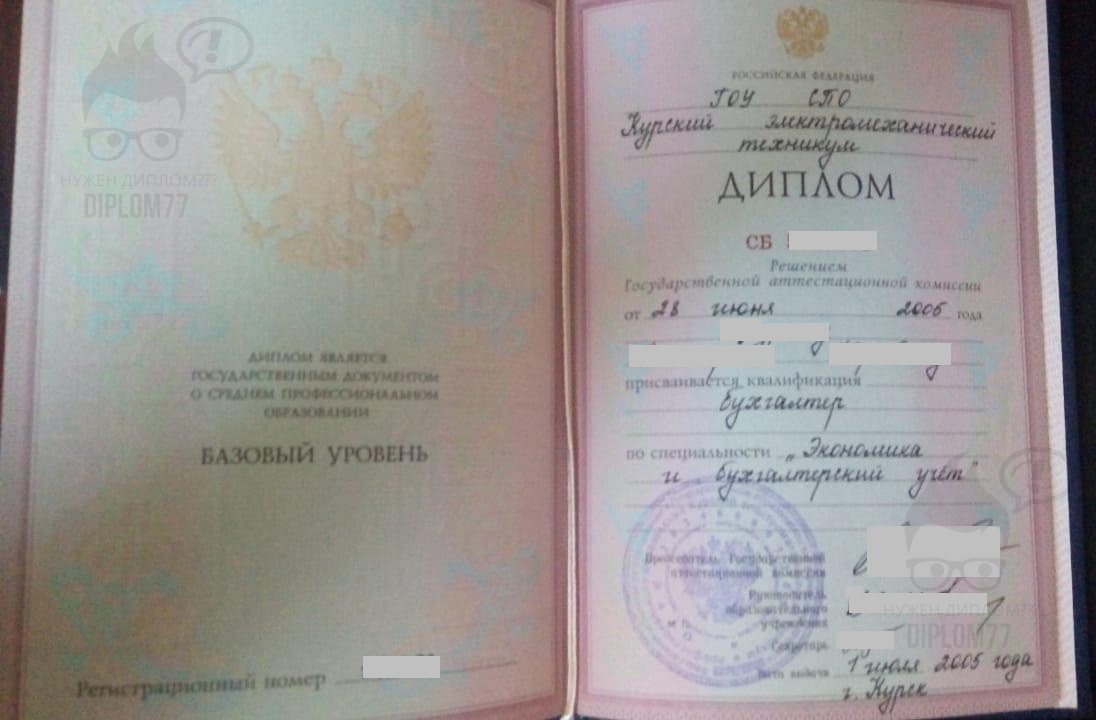 Диплом о среднем образовании Курского электромеханического техникума по специальности Экономика и бухгалтерский учёт (2005 г.)