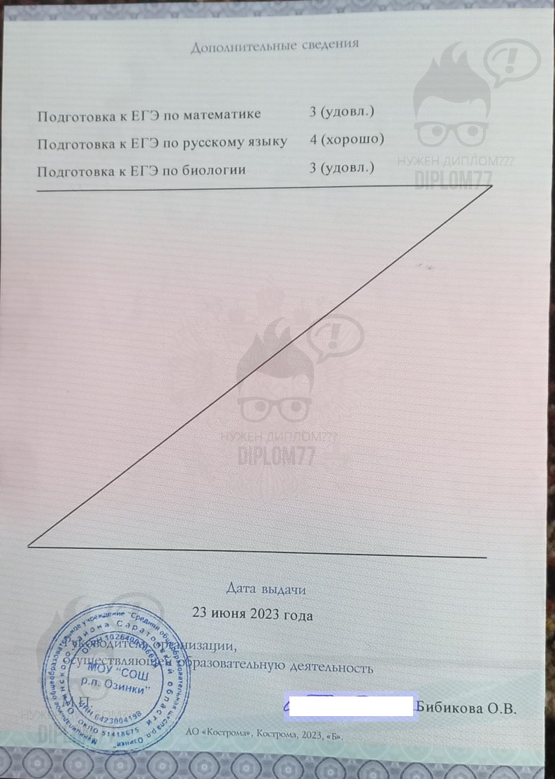 Приложение (4 стр.) к аттестату школы пос. Озинки Саратовской обл. 2023 года